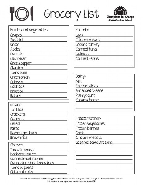 Grocery List Sample - AZ Healthzone